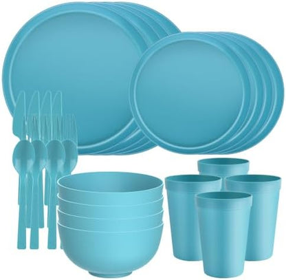 28 Piece Plates and Bowls Sets for 4, Kitchen Dinnerware Sets, Plastic