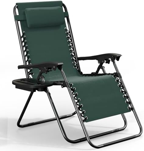 Nestl Zero Gravity Chairs 1 Pk, Portable Patio Lounge Outdoor with Pillows & Cup Holder Trays, Adjustable Steel Lawn Chair for Deck, Beach - Forest Green
