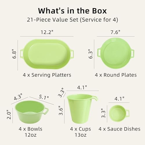 Dinnerware Set for 4, 21-Piece Unbreakable Plates and Bowls Set