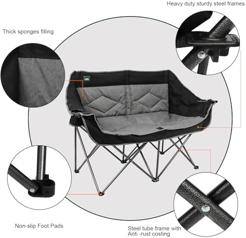 Northroad Folding Loveseat Camping Chair Portable Double Duo Full Padded Garden Chair for 2 Person Sofa w/ 2 Cup Holder,Wine Glass Holder,Mesh Storage,Support 500lbs for Picnic Beach Travel