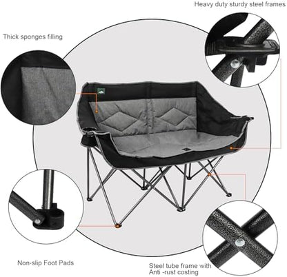 Northroad Folding Loveseat Camping Chair Portable Double Duo Full Padded Garden Chair for 2 Person Sofa w/ 2 Cup Holder,Wine Glass Holder,Mesh Storage,Support 500lbs for Picnic Beach Travel