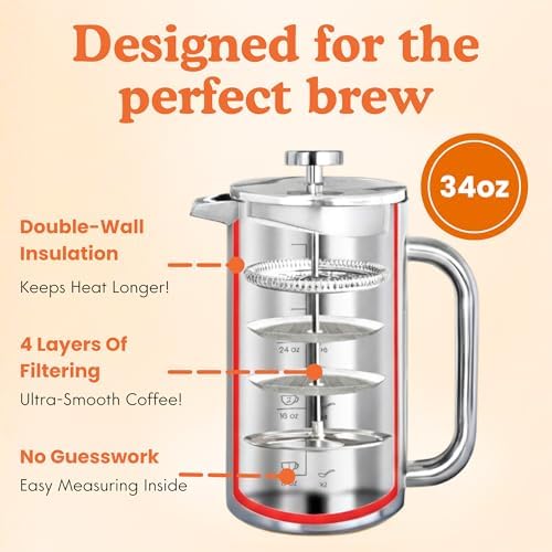 Non-Toxic Stainless Steel French Press, No Plastic or Heavy Metals, 34 oz
