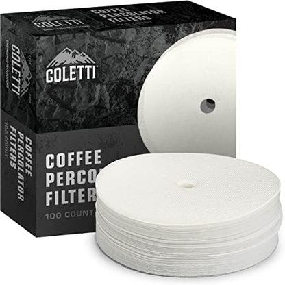 COLETTI Percolator Coffee Filters — Disc Coffee Filters For Percolators – For Bozeman, Butte, & Scoutmaster Camping Coffee Makers – Perfectly Tasteless, Mesh Filter [100 pack, Paper, 3.75”]