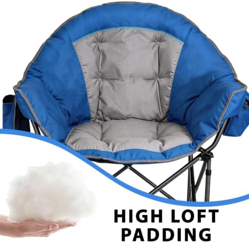 Romswi Oversized XXL Padded Camping Chairs for Adults, 1Pcs 500lbs Heavy Duty Support, 500G Ultra-Thick Cushion Sofa-Like Comfort, Folding Lawn Chair with Cooler Bag & Side Pockets, Blue