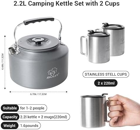 Bulin Camping Kettle, 2.2L Large Portable Camp Tea Coffee Pot With 2 Cups