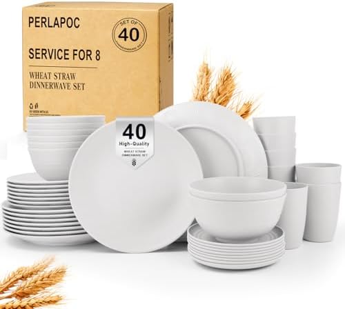 40 PCS Wheat Straw Dinnerware Sets, Service for 8 - Dinner Plates, Cereal Bowls, Drinking Glasses, Unbreakable Plastic Plates and Bowls Sets, Dishwasher and Microwave Safe for Kitchen - White