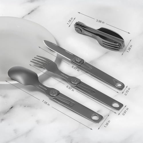 ROXON 3-in-1 Camping Utensils Set (Knife, Spoon, Fork) Titanium-Plated Grey
