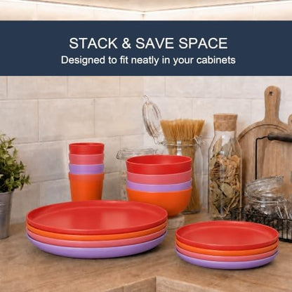 28 Piece Plates and Bowls Sets for 4, Unbreakable Dinnerware Set