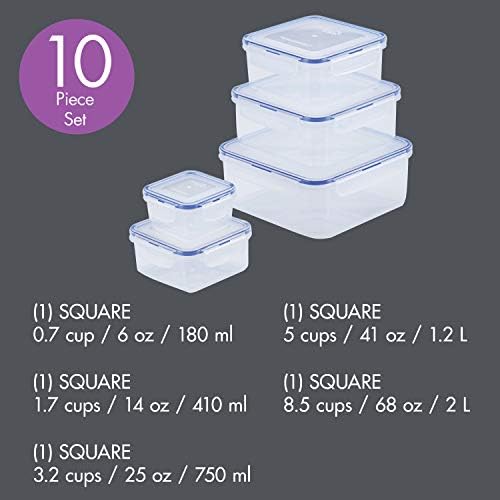 LOCK & LOCK Easy Essentials Food Storage lids/Airtight containers, BPA Free, 10 Piece - Square, Clear