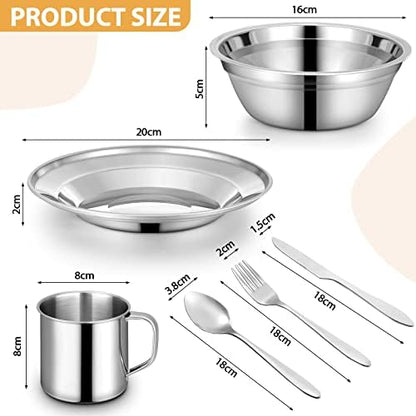 58 Pcs Camping Plates Cups and Bowls Set, Stainless Steel Dishes Mess Kit Utensils Tableware with Spoons Forks Knives Storage Bags for 8 Person Outdoor Camping Backpacking Hiking Travel Picnic