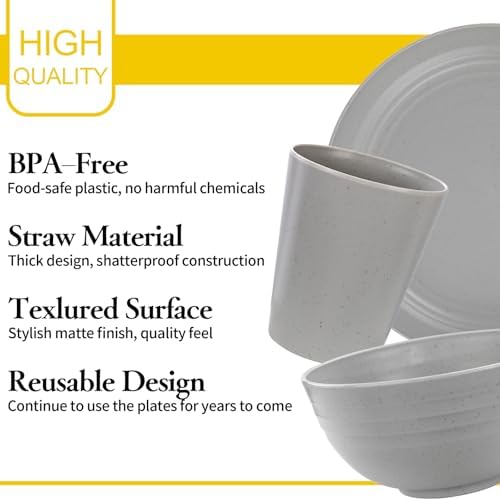 LIYH 28 Pcs Kitchen Plates and Bowls Set, Wheat Straw Dinnerware Sets, Unbreakable Plates and Bowls Sets for 4, Reusable Plate Wheat Straw Dishes Set for Daily & Camping, Light Grey Kitchen Decor