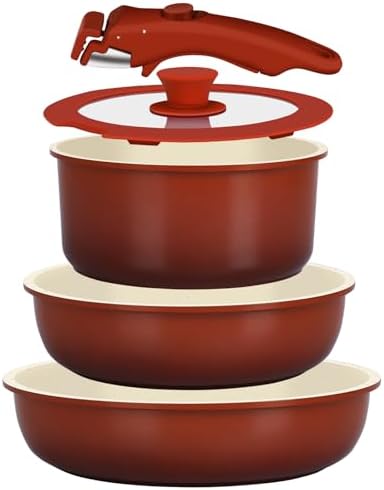 GiPP 5PCS Pots and Pans Set Non Stick, Nonstick Cookware Set Detachable Handle, Ceramic Pots for Cooking Non Stick with Removable Handle, RV Cookware Set for All Stoves, Red Black Gradien