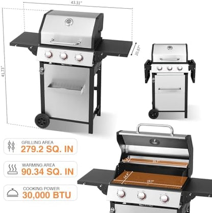 3-Burner Propane Gas Grill with Double-layer Lid, Stainless Steel Hanging Basket & Easy-to-Clean Design – 30,000 BTU BBQ Grill with 2 Folding Sides and Wheels for Outdoor Backyard Patio
