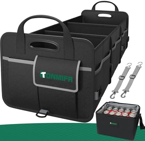 112L Large Capacity Car Trunk Organizer with 20L Insulated Fresh-Keeping Bag, Heavy-Duty 600D Waterproof Oxford Collapsible Storage for SUV, Sedan, Truck, 2 Securing Hooks & Reflective Strips
