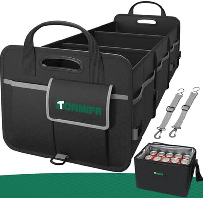 112L Large Capacity Car Trunk Organizer with 20L Insulated Fresh-Keeping Bag, Heavy-Duty 600D Waterproof Oxford Collapsible Storage for SUV, Sedan, Truck, 2 Securing Hooks & Reflective Strips