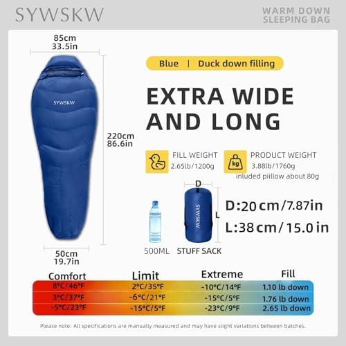 Down Sleeping Bag with Pillow for Adults and Teenager