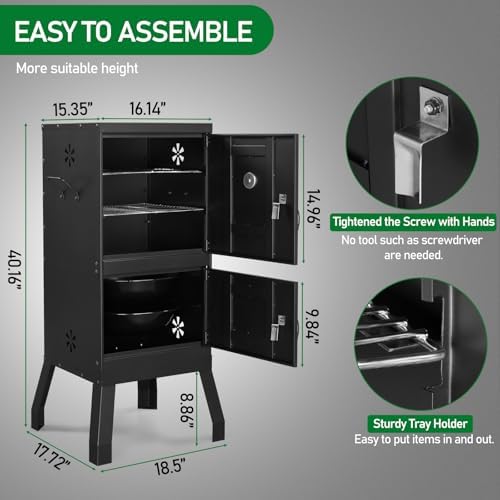 40" Portable Charcoal Grill,Metal Outdoor Barbecue Smoker,Heavy Duty Outdoor BBQ Grill,Portable Vertical Camping Barbecue Grill,with Doors & Thermometer,for Garden Patio Beach Backyard (Black)