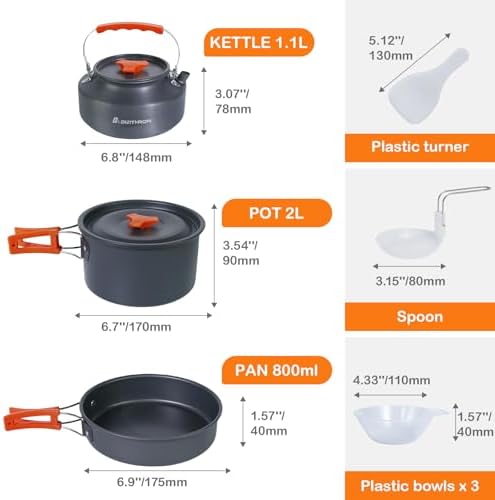 10-Piece Camping Cookware Set with 2L Pot, 1.1L Kettle and Pan