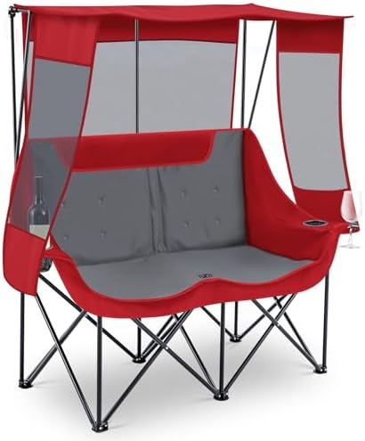 Teenyyou Double Camping Chair with Canopy 660lbs Heavy Duty, Red and Grey