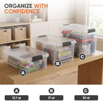 Superio 13.7 Quart Clear Plastic Storage Bin with Lid, Stackable Organizer Box, BPA-Free Storage Container for Home, Garage, School & Office, 3 Pack