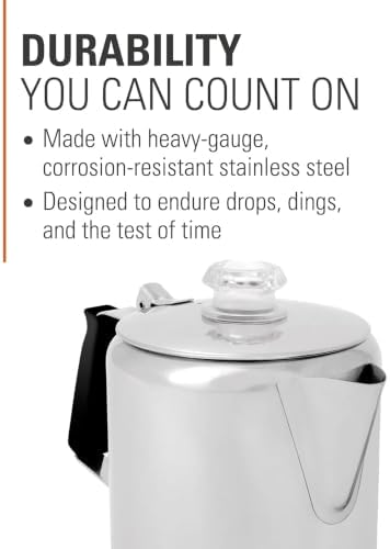 GSI Outdoors Percolator Coffee Pot I Glacier Stainless Steel with Silicone Handle for Camping, Backpacking, Travel, RV & Hunting - Stove Safe