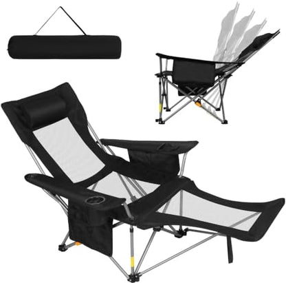 Romswi 2 Pack Reclining Camping Chairs with Removable Footrests, 4-Position Adjustable Lounge Chairs, 300 LBS Heavy Duty Folding Chairs with Cooler Bag, Cup Holder & Carry Bag, Mesh Black