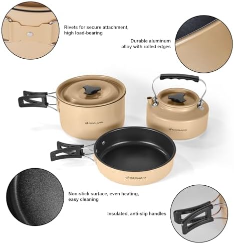 Odoland 15pcs Camping Cookware Mess Kit, Lightweight Pot Pan Kettle Set