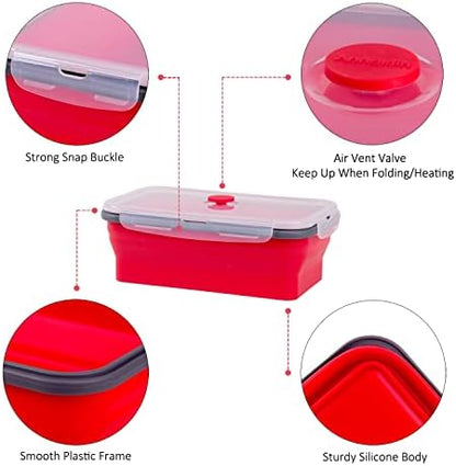 Collapsible Food Storage Containers with Airtight Lid & Air Vent, 40.5 oz, Kitchen Stacking Silicone Collapsible Meal Prep Container Set for Leftover, Microwave Freezer Dishwasher Safe, Red, Set of 4