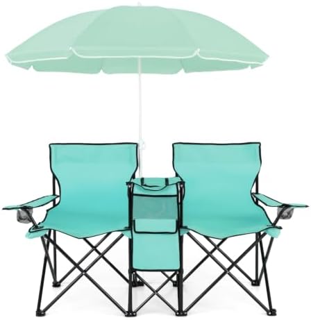 Goplus Double Camping Chairs with Umbrella, Cooler for Beach Patio
