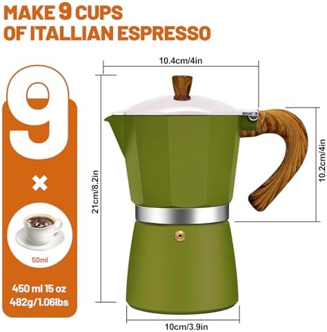 9 Cup Aluminum Espresso Stovetop Moka Pot Express Coffee Maker Percolator Italian Classic Mocha Coffee Machine for Italian and Cuban Cafe Brewing for Home & Camping 450ml 15oz