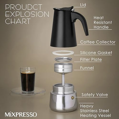 Mixpresso 9 Cup Greca Moka Pot, Stainless Steel Stovetop Espresso Maker