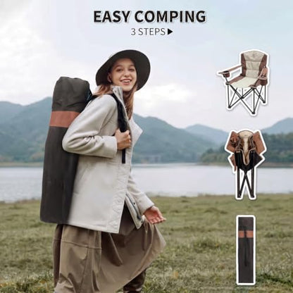 2 Pack Padded Oversized Camping Chairs for Adults,Heavy Duty Support 400 Lbs,Folding Portable Lawn Chair w/Cup Holder,Cooler Bag,Side Pocket,Perfect for Outdoor Picnic,Hiking(Moca)