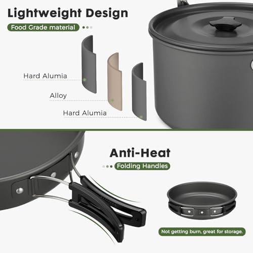 THTYBROS 43-Piece Camping Cookware Set,Large Mess Kit for 6 Persons,with 4.75QT Pot,2.1QT Kettle,Frying Pan,Cups,Utensils and Tableware,Heavy Duty Aluminum Cook Set for Outdoor Camping,Hiking,Picnic