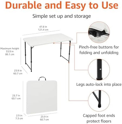 Amazon Basics Portable 4 Foot Rectangular Folding Dining Table, 4 Adjustable Height Settings, Carrying Handle, Indoor & Outdoor, Sturdy for Events, White, 47.8 x 23.9 x 33.9 in