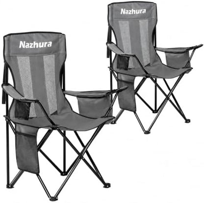 Nazhura 2 Pack Outdoor Camping Chairs Folding/Foldable/Portable with Cooler Pouch, Mesh Backrest and Cup Holder Pocket (Grey, Metal, 2 Pack)
