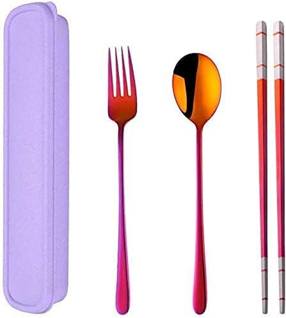 3 PCS Outdoor Flatware Set Fork Spoon Chopsticks/Travel Flatware Set with a Case, Red