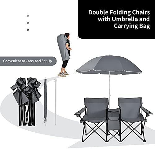 Goplus Double Camping Chairs with Umbrella, Cooler for Beach Patio