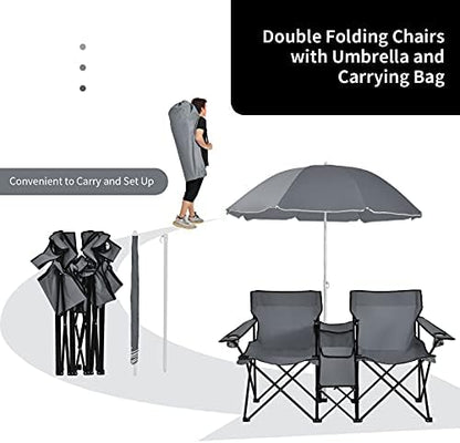 Goplus Double Camping Chairs with Umbrella, Cooler for Beach Patio