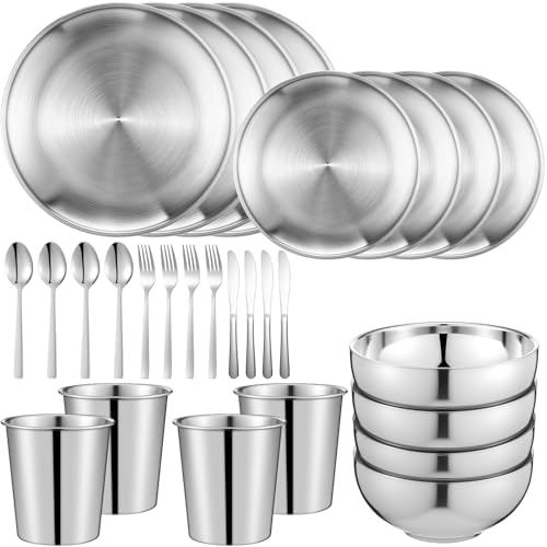 Jinei 28 Pcs 304 Stainless Steel Dinnerware Set 10 Inch 7 Inch Stainless Steel Plates Bowls Cups Forks Spoons and Knives Sets Reusable Metal Camping Dinnerware for Home Outdoor Picnic Kitchen
