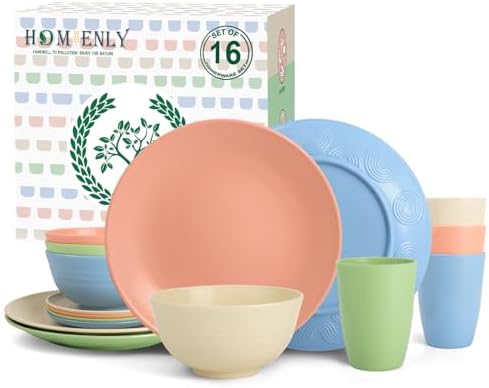 Homienly Premium Dinnerwave Sets, Lightweight & Unbreakable Wheat Straw Dish Set - Plates and Bowls Set with Cups, 16 PCS Microwave and Dishwasher Safe Dinnerware Set - Multi Light