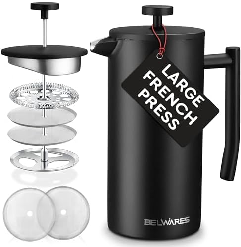 Large Insulated French Press Coffee Maker, Matte-Black Stainless Steel 50oz