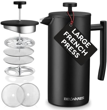 Large Insulated French Press Coffee Maker, Matte-Black Stainless Steel 50oz