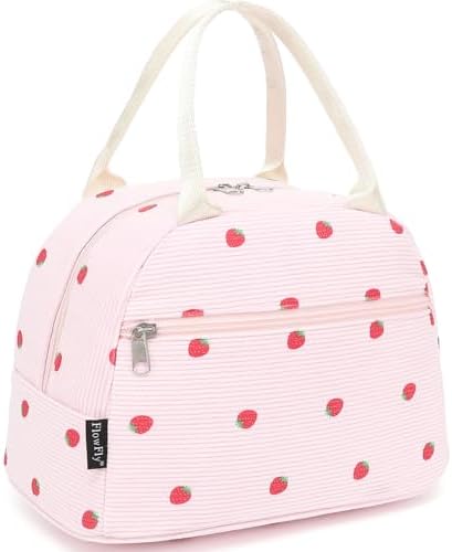 FlowFly Insulated Lunch Bag for Women – Corduroy Lunch Tote Box, Cute Cooler Bag for Work, Travel, Picnic,Corduroy Strawberries Pink
