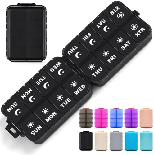 Foldable Portable 7 Day Pill Organizer 2 Times a Day, AM PM Weekly Pill Box