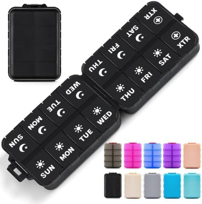 Foldable Portable 7 Day Pill Organizer 2 Times a Day, AM PM Weekly Pill Box
