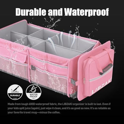 LIBZAKI Oversize 4 in 1 Car Trunk Storage Organizer, Multi Compartment Collapsible Trunk Storage Box with Cooler Bag for Car Truck SUV-Pink