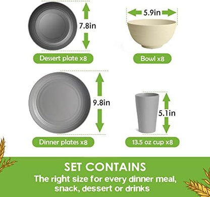 Teivio 32-Piece Plates and Bowls Sets for 8, Wheat Straw Dinnerware Sets