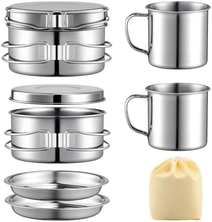 Stainless Steel Camping Cookware Mess Kit - Portable Backpacking Cooking Set with Pot/Plates/Cups & Storage Bag, Outdoor Cookware for Hiking, Picnic, Camping & Backpacking Adventures（8PCS）