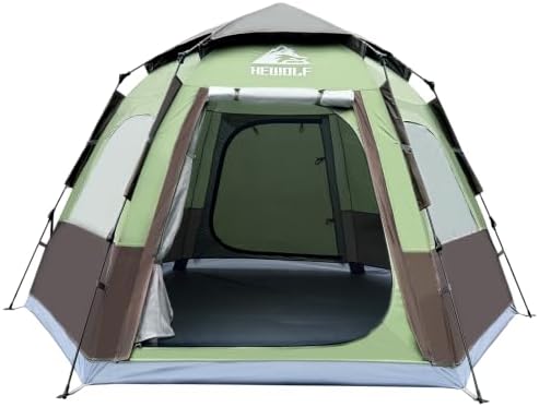 Hewolf 2/3/4 Person Camping Tent - Instant Pop Up Waterproof 2 Doors Tent with Easy Setup | 3-Season Hexagonal Dome Design for Family, Hiking & Traveling