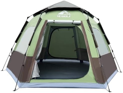 Hewolf 2/3/4 Person Camping Tent - Instant Pop Up Waterproof 2 Doors Tent with Easy Setup | 3-Season Hexagonal Dome Design for Family, Hiking & Traveling